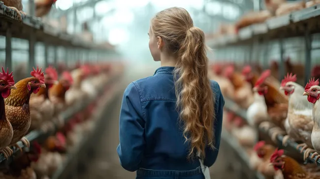 Frau beobachtet Hühnerhaltung auf Bauernhof