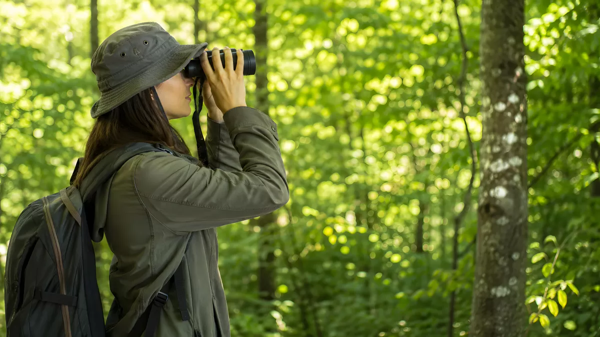 Frau beobachtet Natur im Wald mit Fernglas