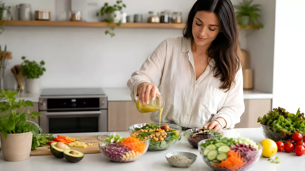 Frau bereitet bunte Salatschüsseln in heller Küche zu