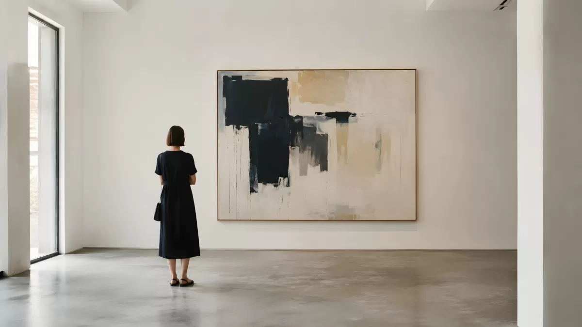 Frau betrachtet abstraktes Gemälde in moderner Galerie