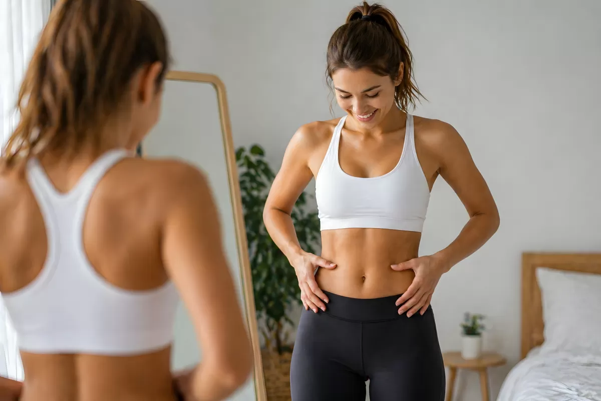Frau betrachtet ihren trainierten Bauch im Spiegel