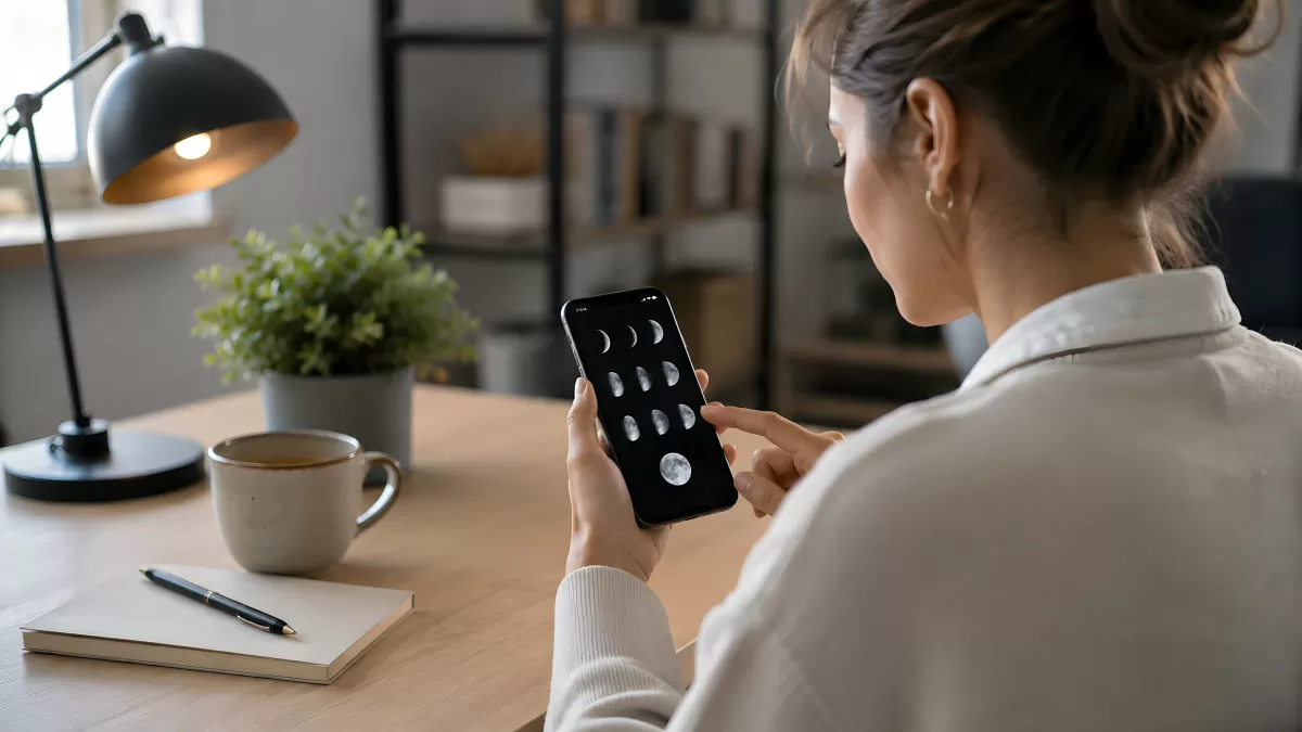 Frau betrachtet Mondphasen-App auf Smartphone