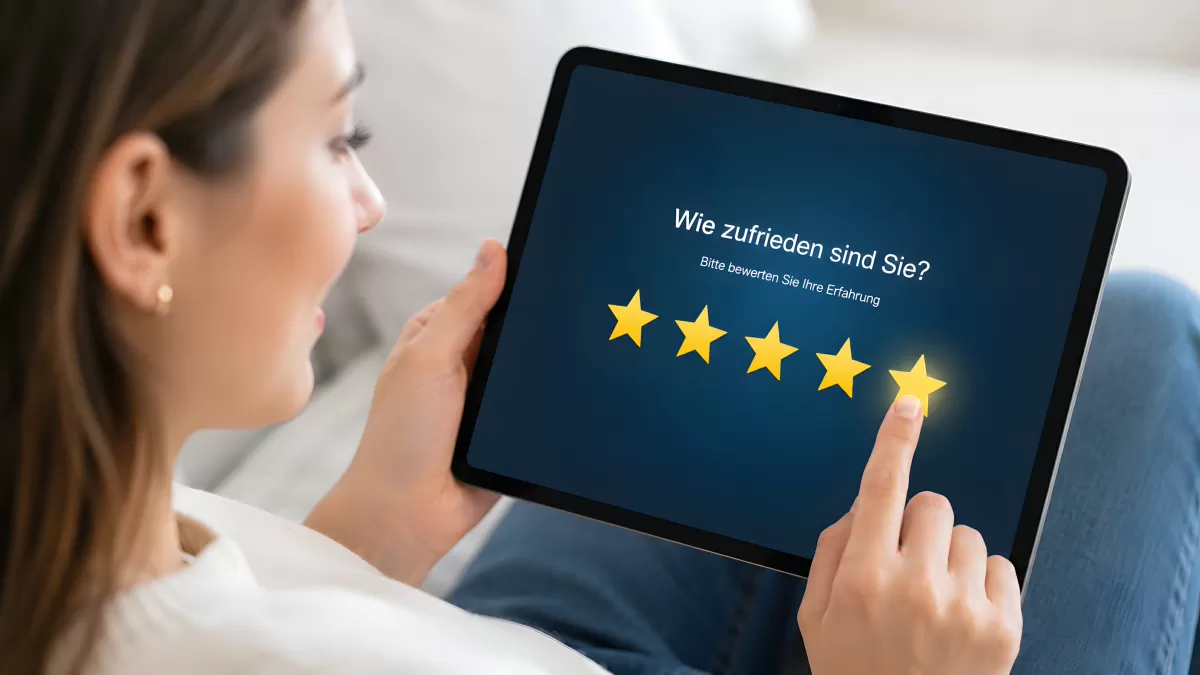 Frau bewertet Erfahrung mit fünf Sternen auf Tablet