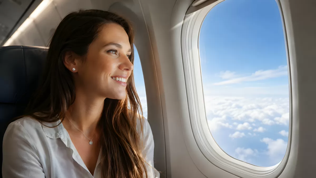 Frau blickt lächelnd aus dem Flugzeugfenster in den Himmel