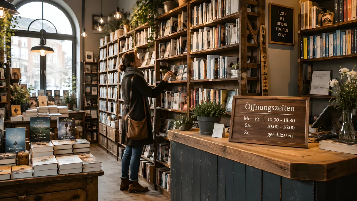 Frau browsed gemütlich in Buchhandlung mit Holzregal — Bild kostenlos herunterladen