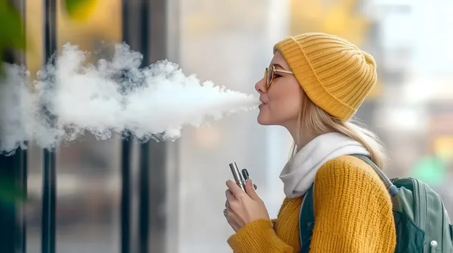 Frau dampft E-Zigarette auf Stadt-Straße