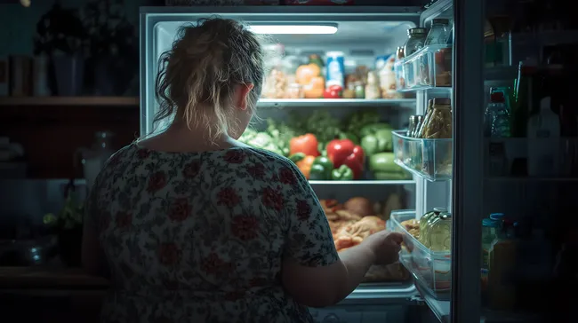 Frau durchsucht den Kühlschrankinhalt nach Snacks