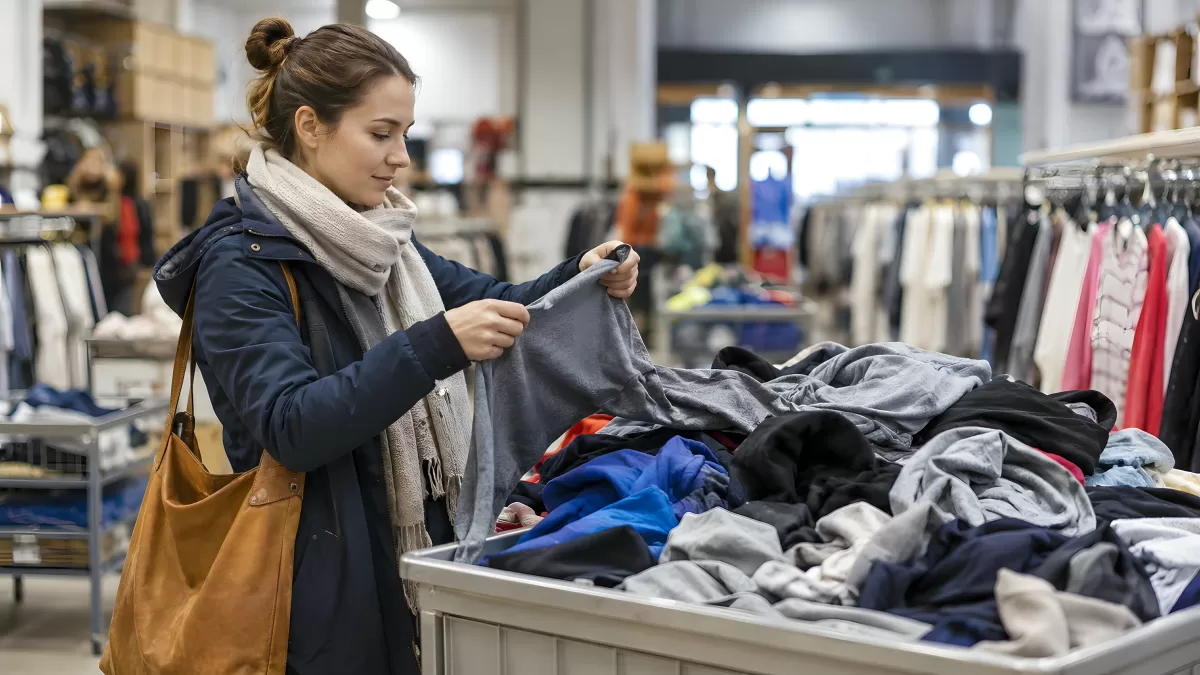 Frau durchsucht Kleidungsstapel in Secondhand-Laden