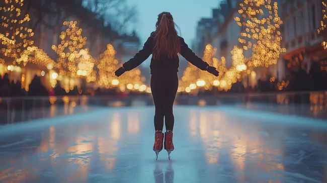 Frau Eislaufen in weihnachtlicher Stadtbeleuchtung