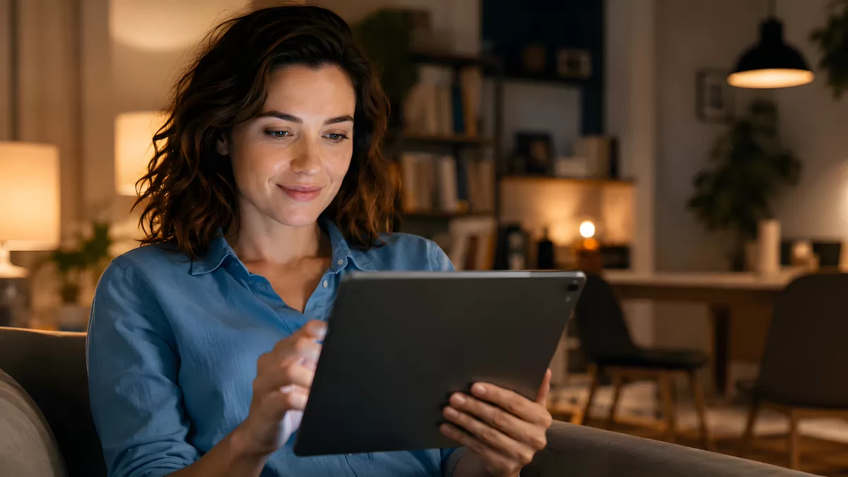 Frau entspannt abends auf Sofa mit Tablet