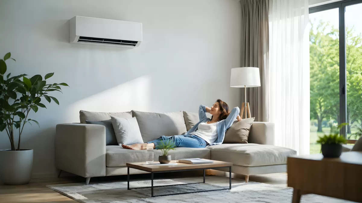 Frau entspannt auf Sofa unter Klimaanlage im Wohnzimmer