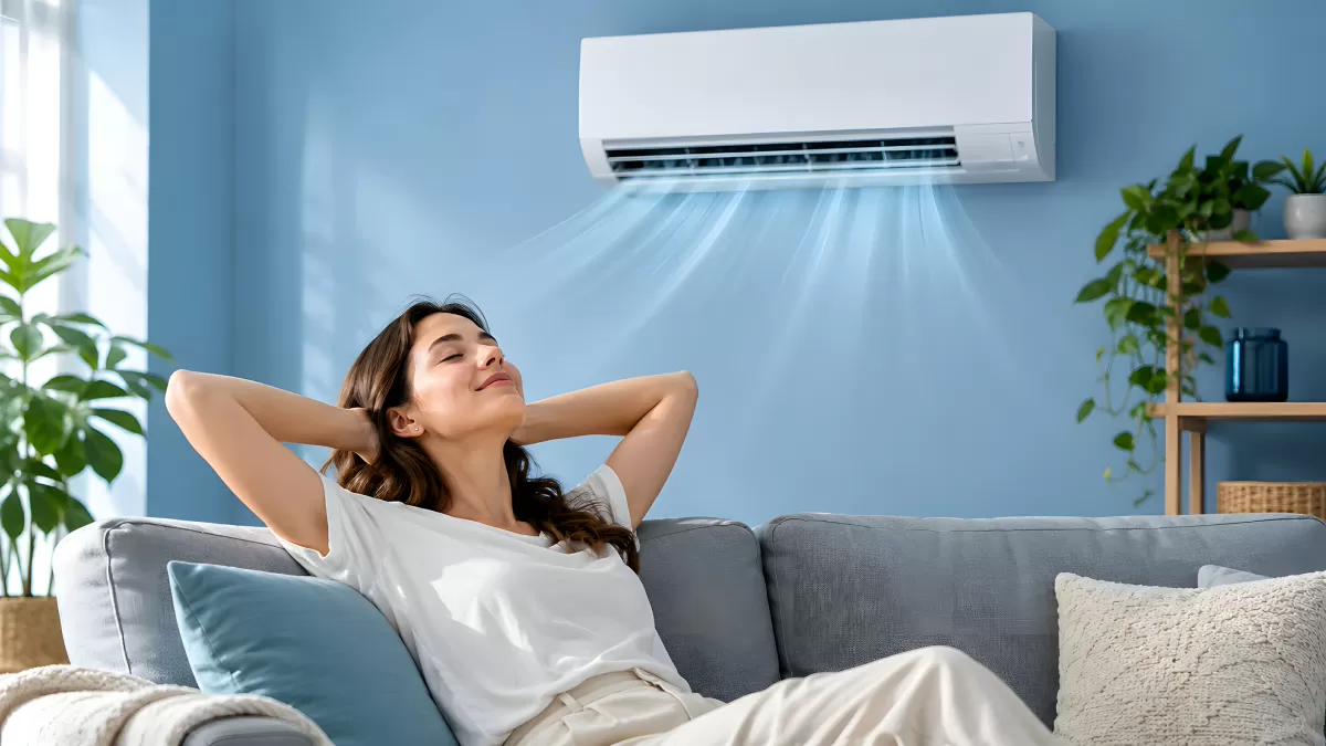 Frau entspannt auf Sofa unter Klimaanlage