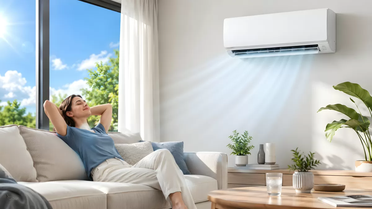 Frau entspannt auf Sofa unter laufender Klimaanlage