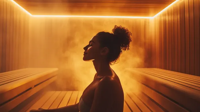 Frau entspannt in moderner Sauna mit goldener Beleuchtung