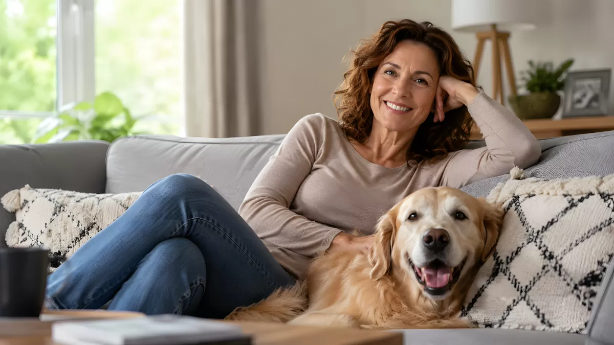 Frau entspannt mit Golden Retriever auf dem Sofa