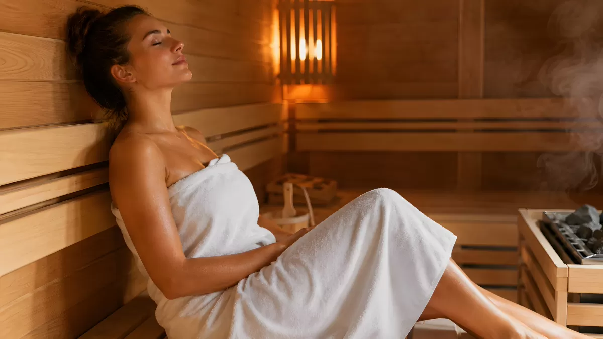 Frau entspannt sich in der Sauna mit weißem Handtuch