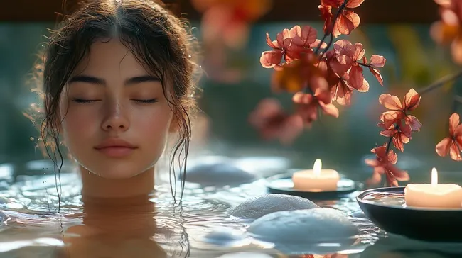 Frau entspannt sich in einem zauberhaften Blütenbad