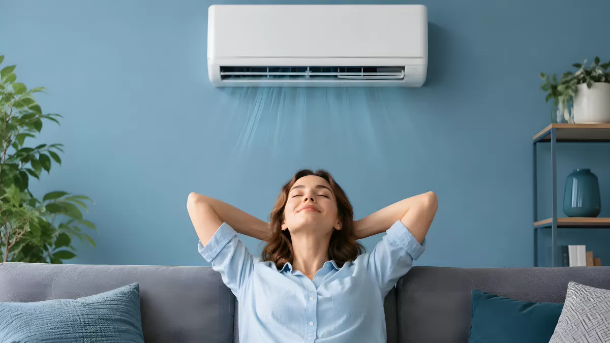 Frau entspannt sich unter laufender Klimaanlage — Bild kostenlos herunterladen