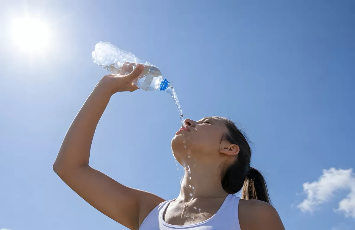 Frau erfrischt sich mit Wasser aus Flasche in der Sonne