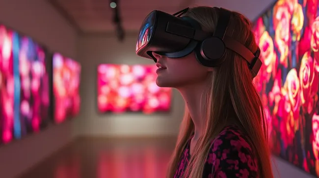 Frau erlebt digitale Kunstwelt mit VR-Brille