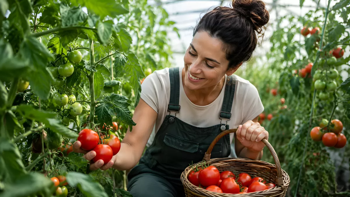 Frau erntet reife Tomaten im Gewächshaus