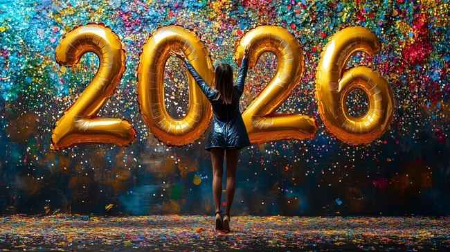 Frau feiert Silvester mit goldfarbenen Ballons und Konfetti