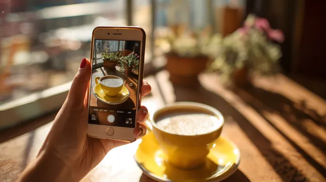 Frau fotografiert Kaffee im Café bei Tageslicht