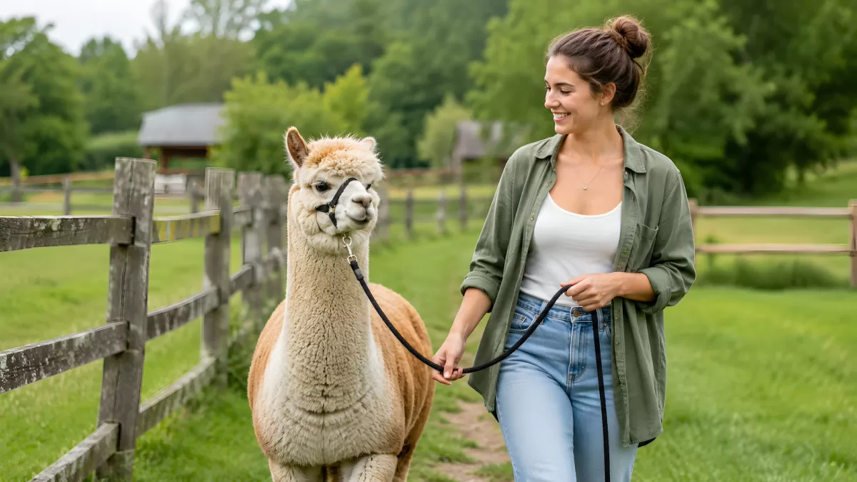 Frau führt ein Alpaka auf einem Bauernhof spazieren