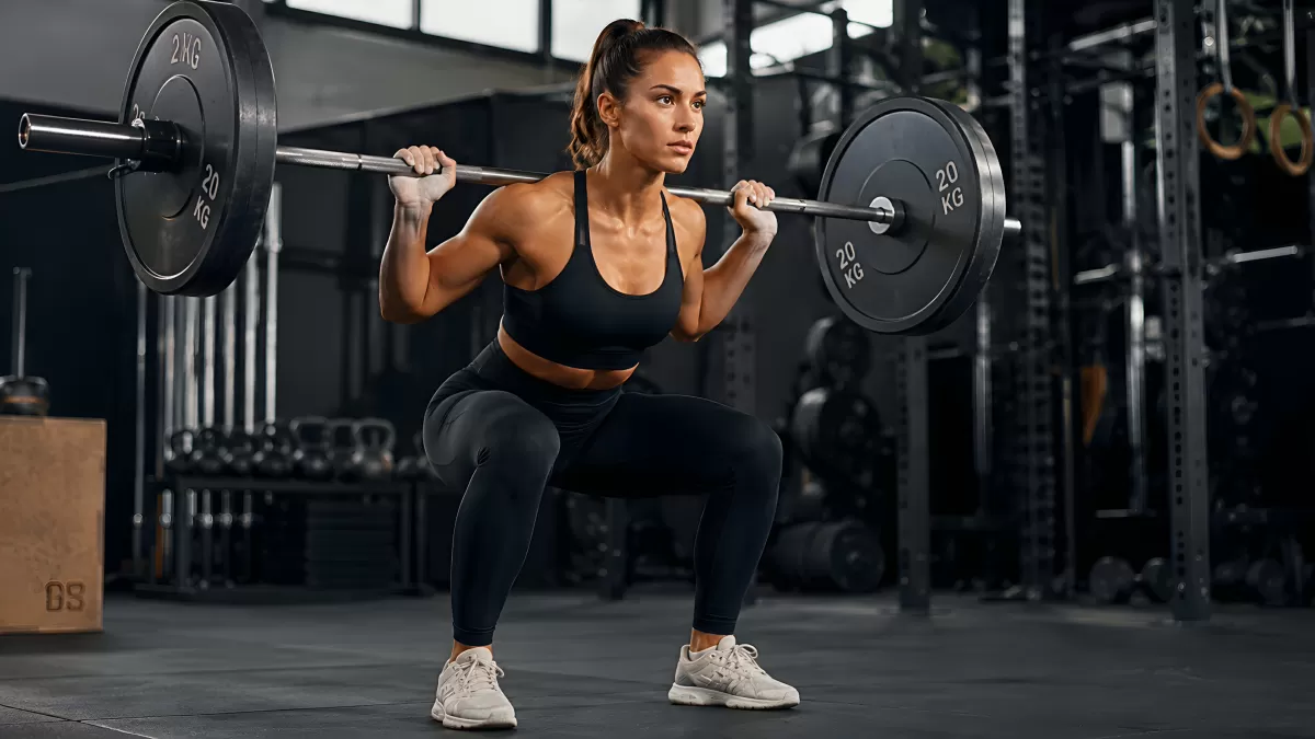 Frau führt Kniebeugen mit Langhantel im Fitnessstudio aus