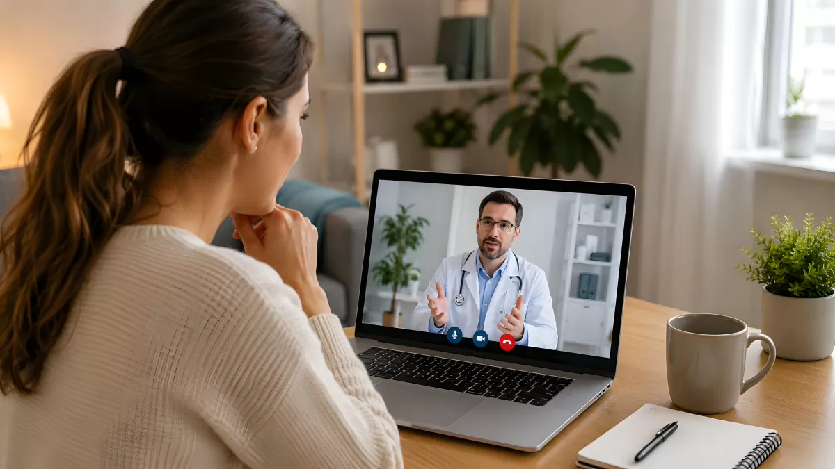 Frau führt Videokonsultation mit Arzt am Laptop