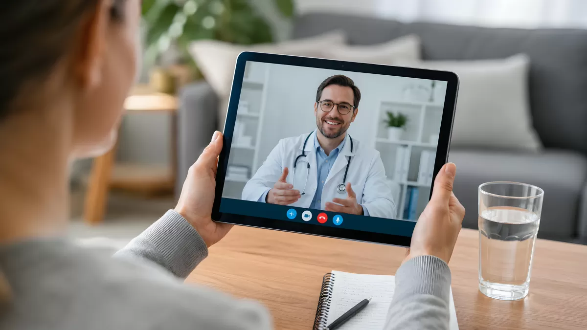 Frau führt Videosprechstunde mit Arzt auf Tablet