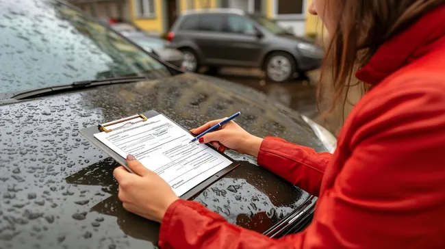 Frau füllt Versicherungsformular auf nasser Motorhaube aus