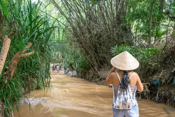 Frau geht durch den grün bewachsenen Fluss des Fairy Streams in Mui Ne, Vietnam