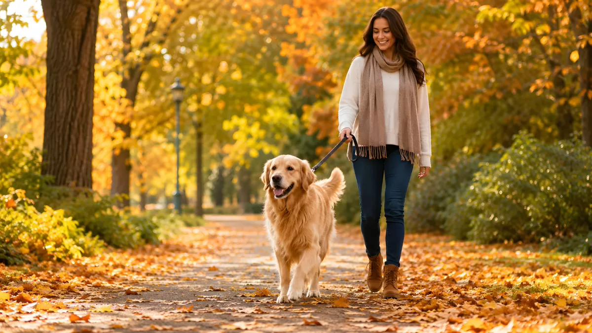 Frau geht mit Golden Retriever im Herbstpark spazieren