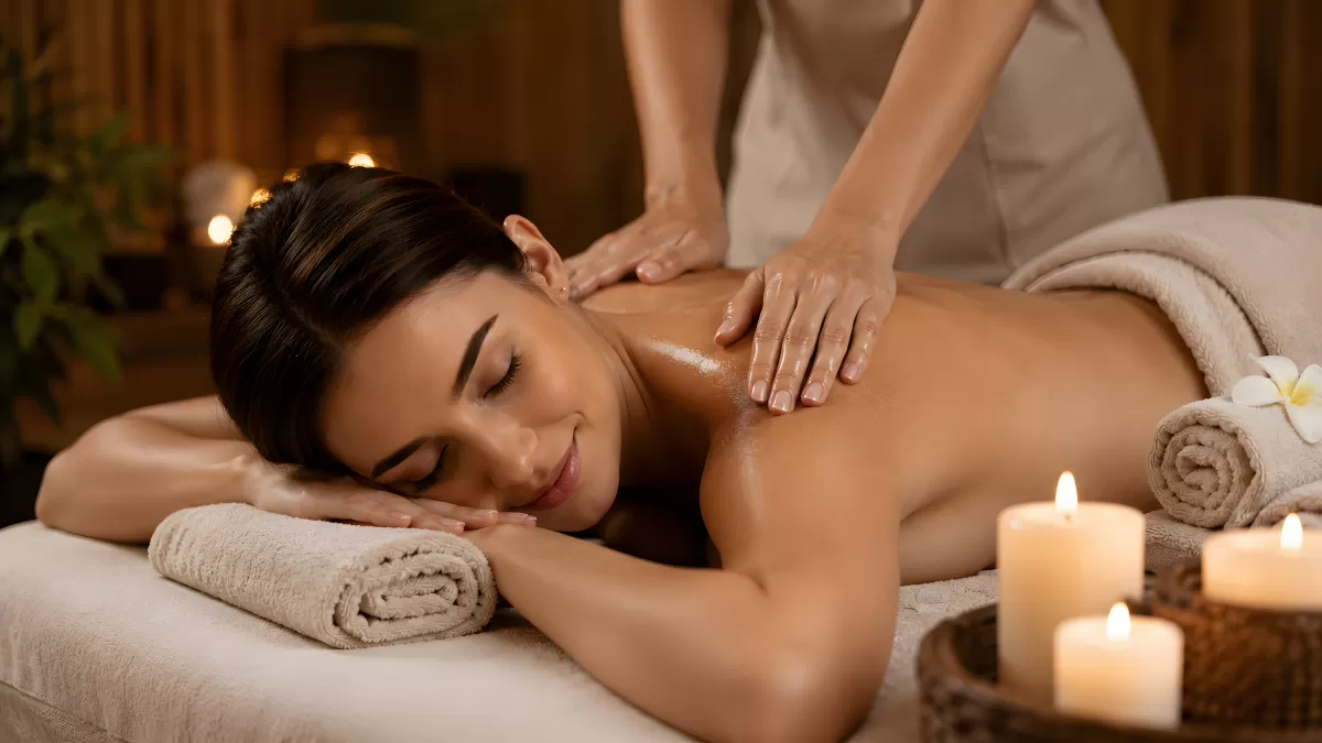 Frau genießt entspannende Rückenmassage im Spa