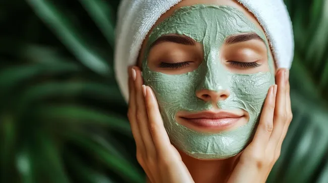 Frau genießt grüne Gesichtsmaske für Wellness und Pflege