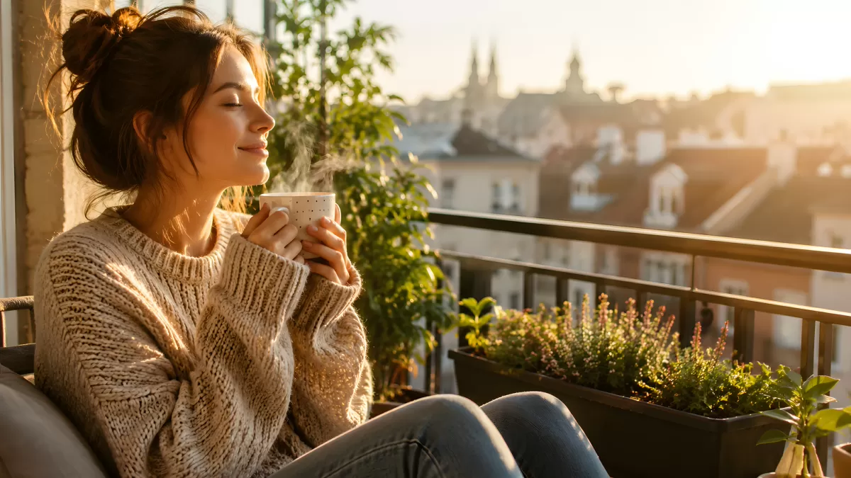 Frau genießt heißen Kaffee auf sonnigem Balkon