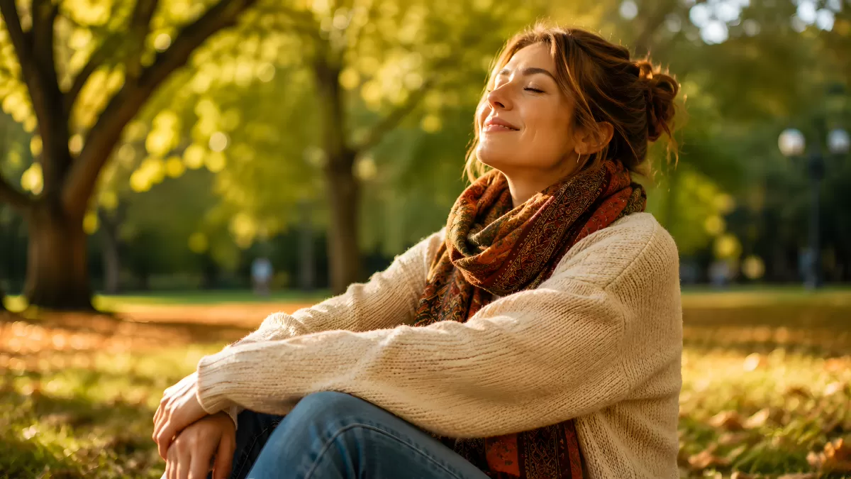 Frau genießt Herbstsonne entspannt im Park sitzend