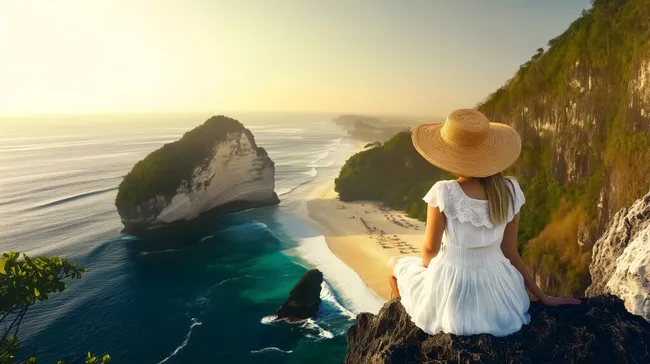 Frau genießt idyllischen Strand und Felsen in Indonesien