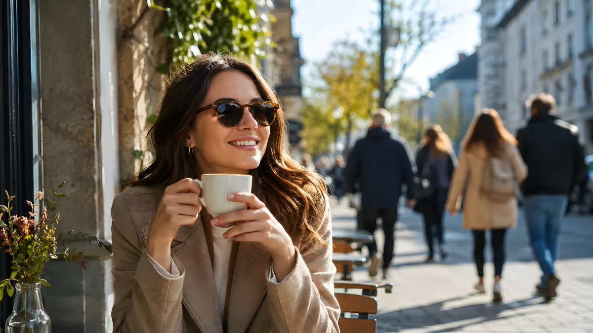 Frau genießt Kaffee im Straßencafé an sonnigem Herbsttag