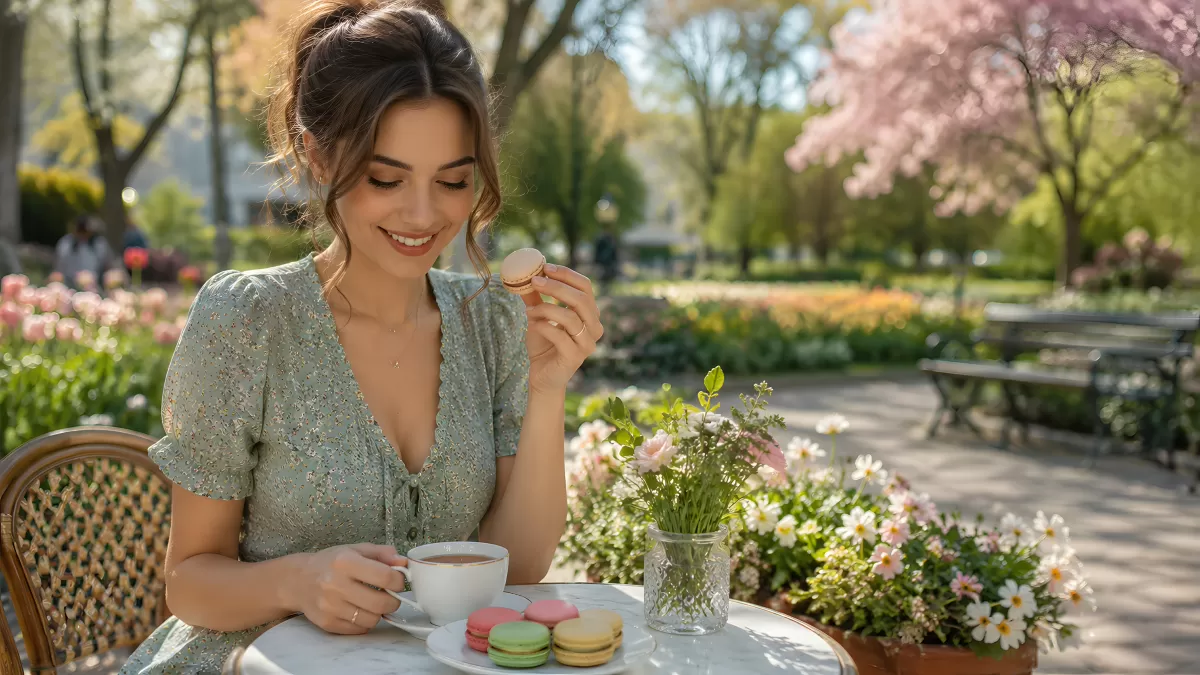 Frau genießt Macarons und Kaffee im Frühlingspark