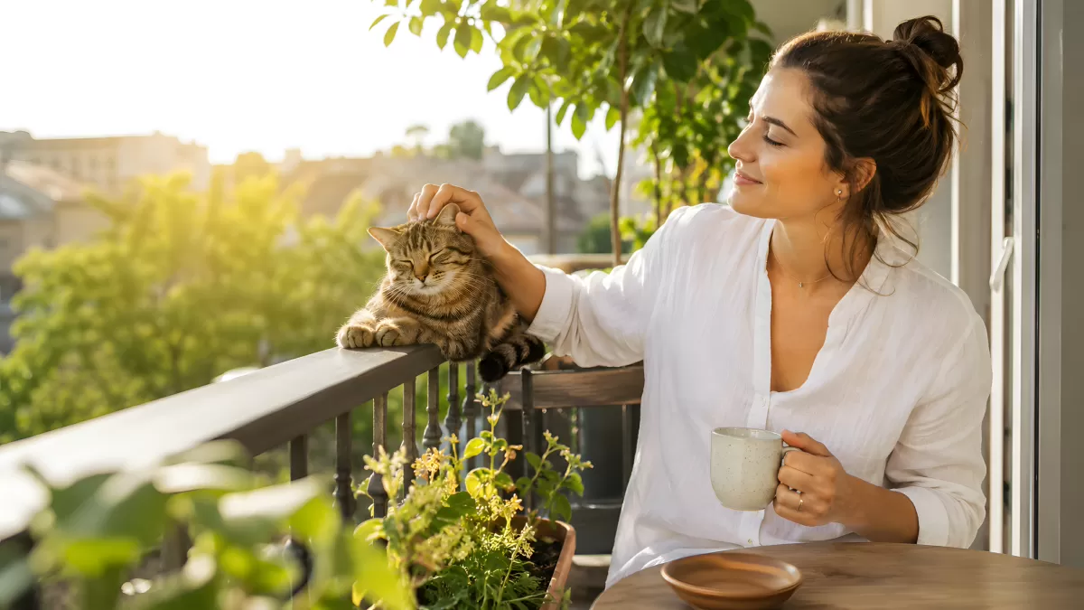 Frau genießt Morgenkaffee mit Katze auf Balkon