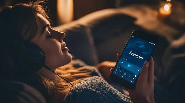 Frau genießt Podcast bei Sonnenuntergang