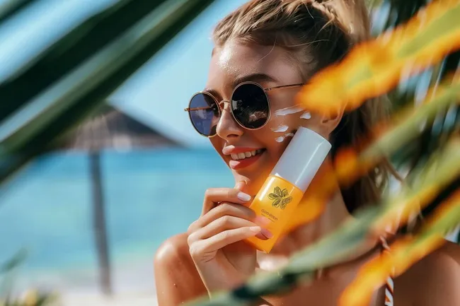 Frau genießt Sonnencreme auf Strandurlaub