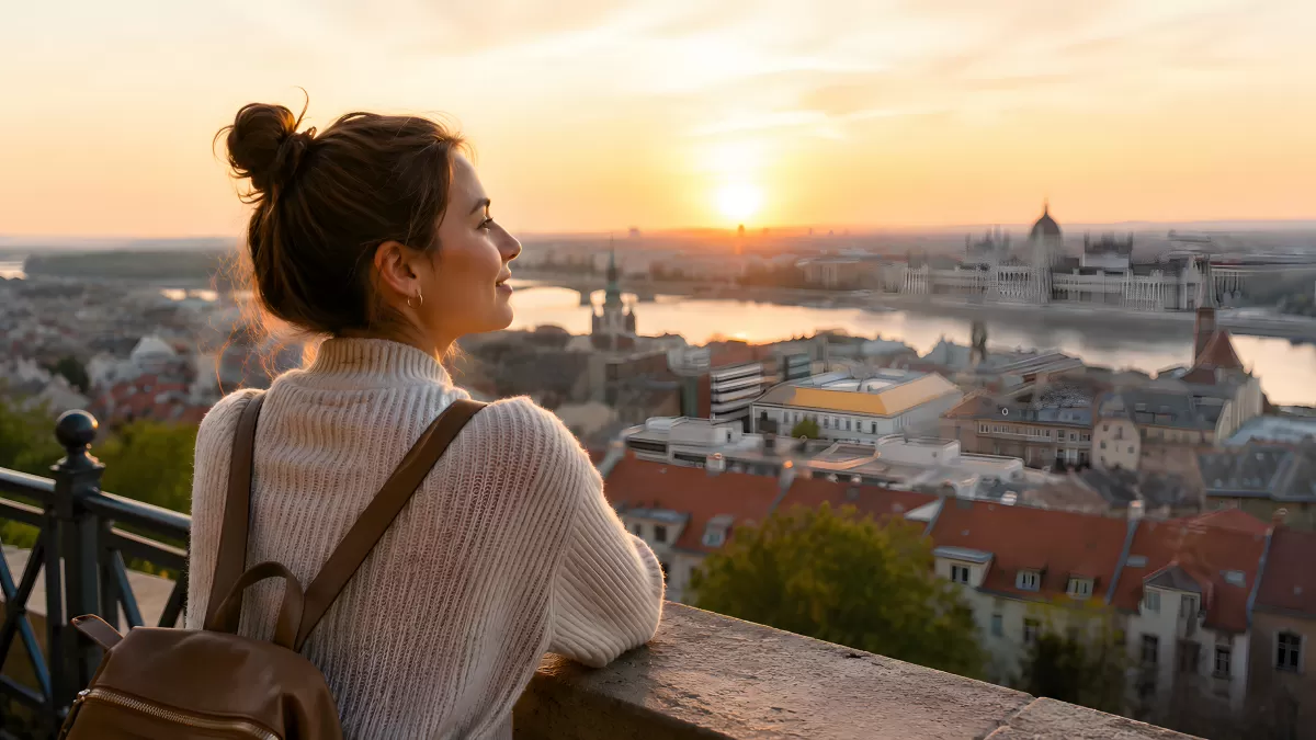Frau genießt Sonnenuntergang über Budapest vom Aussichtspunkt