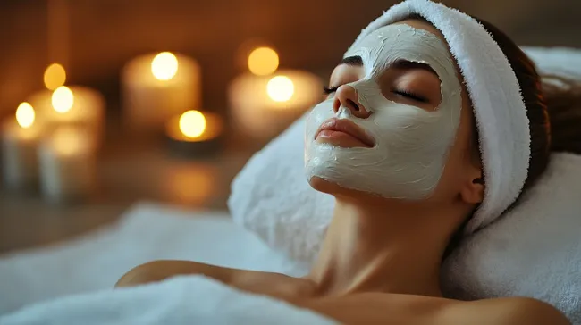 Frau genießt Wellness-Behandlung mit Gesichtsmaske im Kerzenlicht