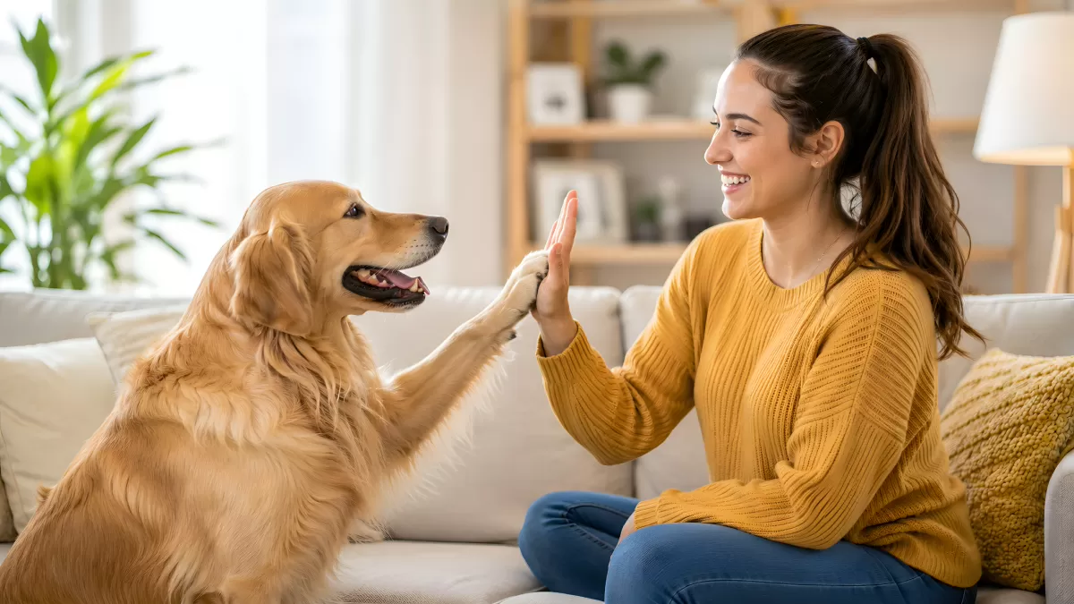 Frau gibt Golden Retriever High Five im Wohnzimmer