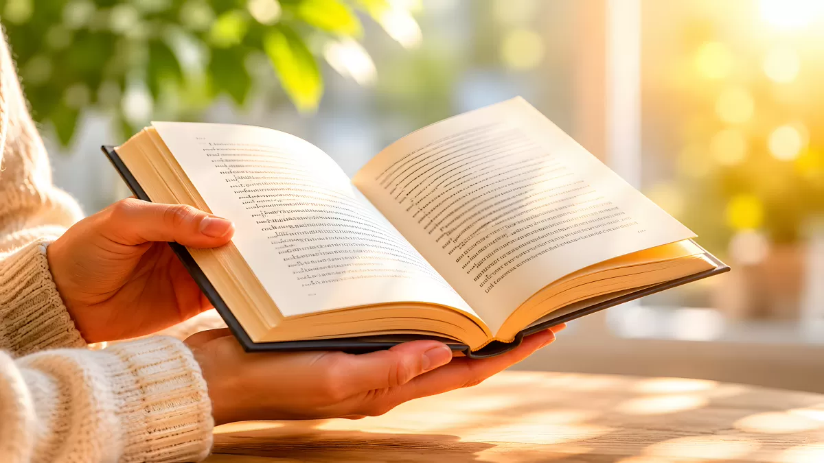 Frau hält aufgeschlagenes Buch im warmen Sonnenlicht