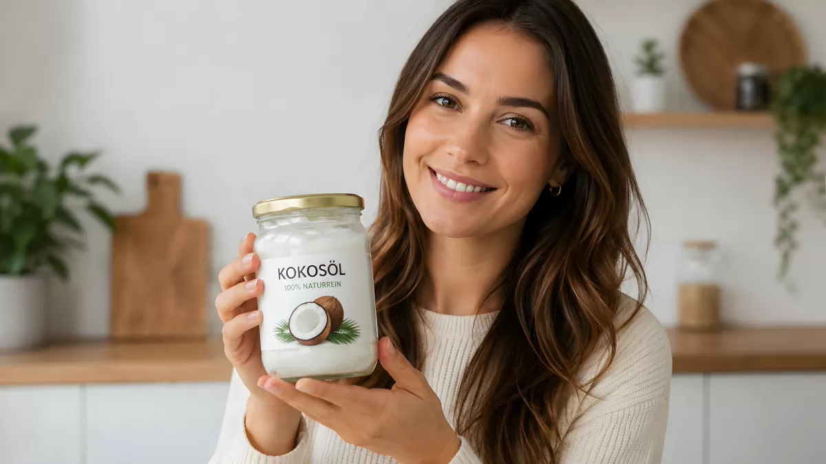 Frau hält Glas Kokosöl in heller Küche