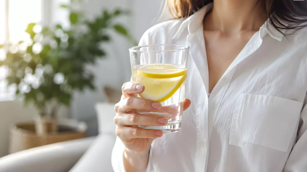 Frau hält Glas Zitronenwasser in der Hand